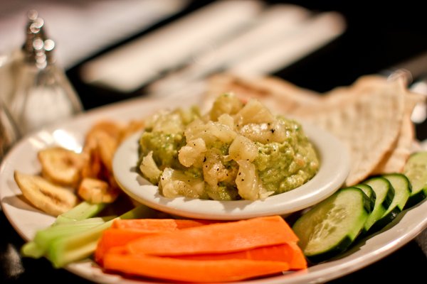Cuban style Guacamole, with grilled pineapple and plantains.